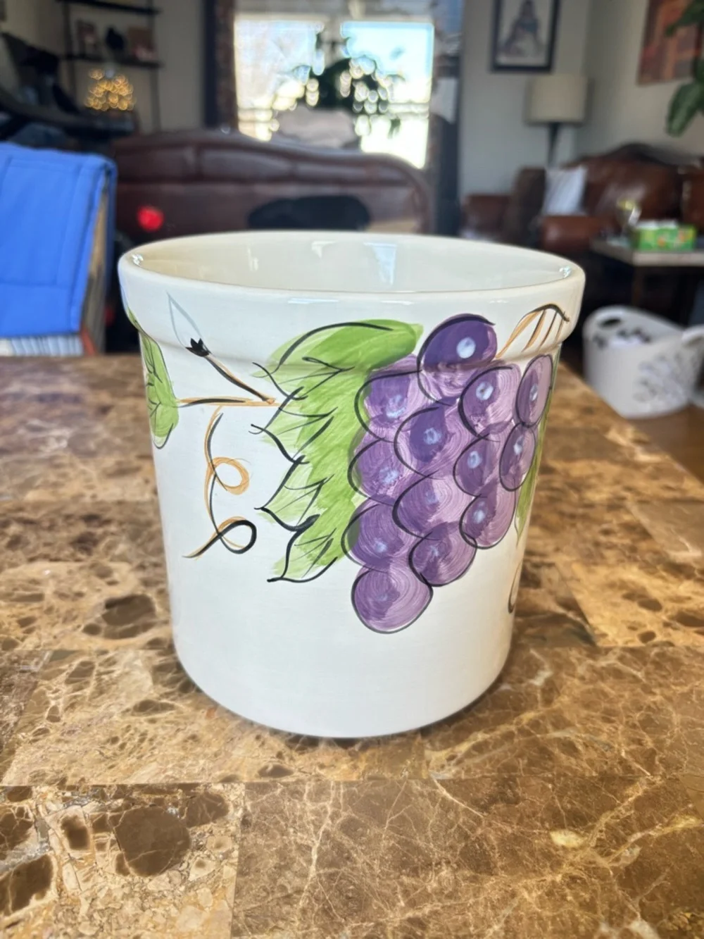 EUC-Home Collection Cream Ceramic Container with Fruit Artwork